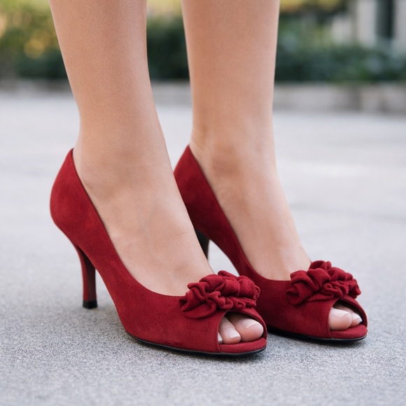 Stuart Weitzman Shoes - Stuart Weitzman Red Suede Ruffle Bow Heels Pumps Size 9.5